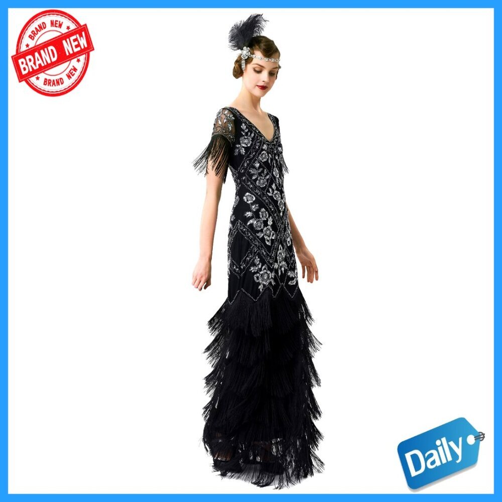 1920s Flapper Sequin Beaded Maxi Evening Gown Formal Prom Dress